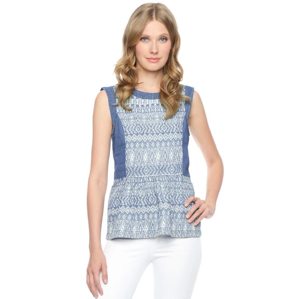 Ella Moss Boho Printed Tank Top Large Denim Look Ruffle Hem Sleeveless Blouse
